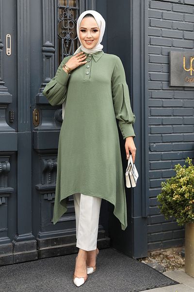 Neva Style تونيك حجاب كاكي فاتح بتفاصيل غير متماثلة 615ahk