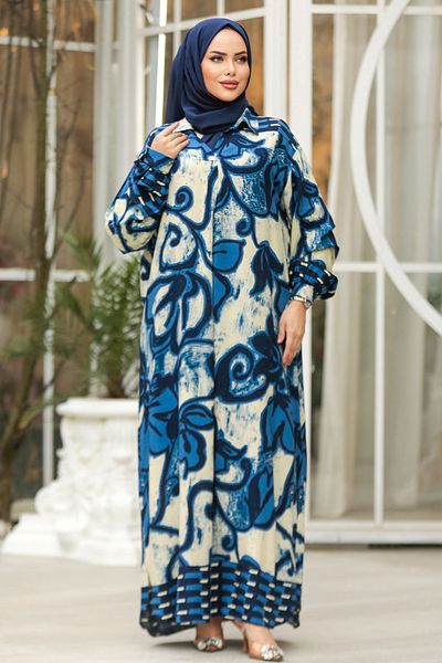 Neva Style Φόρεμα Hijab με μοτίβο λουλουδιών Indigo Blue 23171IM