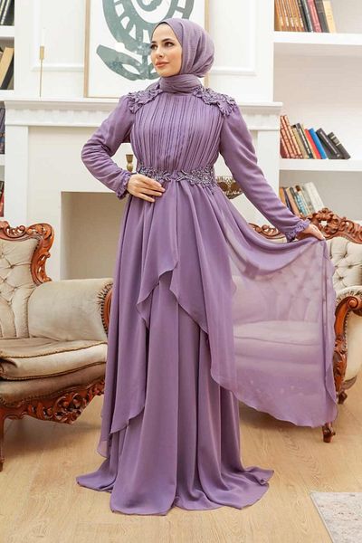 Neva Style Βραδινό φόρεμα με κεντημένο λιλά χιτζάμπ 25807lıla