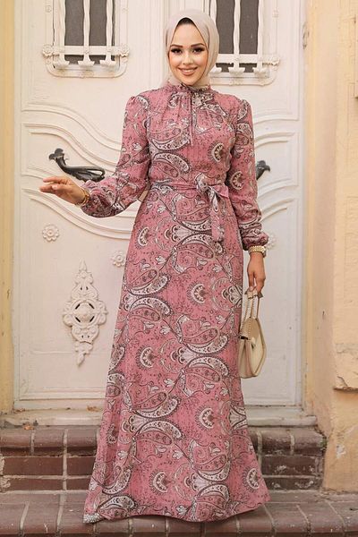 Neva Style Floral Patterned Powder Hijab Dress 279081 Pd