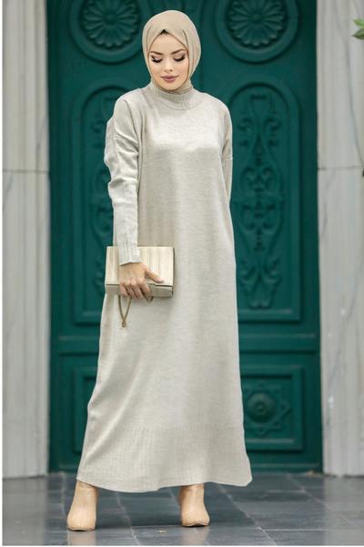Neva Style Beige Hijab Knitwear Dress 3409Bej