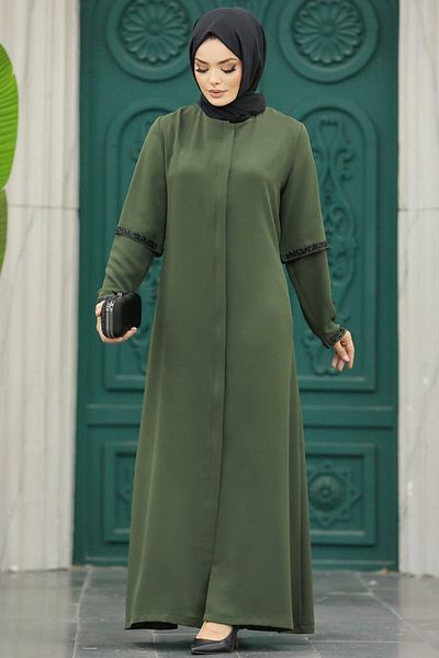 Neva Style Λεπτομερή μανίκια Χακί Hijab Ferace 10091hk