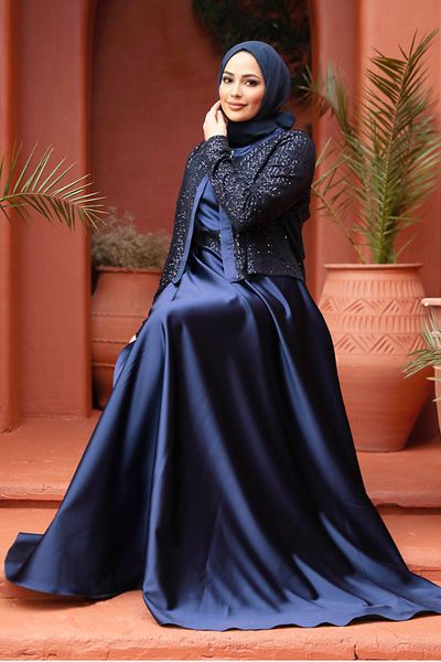 Neva Style Jacket Detailed Navy Blue Hijab Satin Evening Dress 25881L