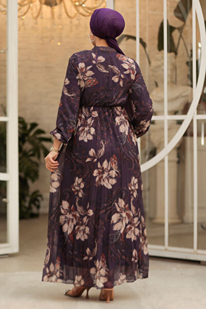 Neva Style Floral Patterned Dark Purple Hijab Dress 50355KMOR