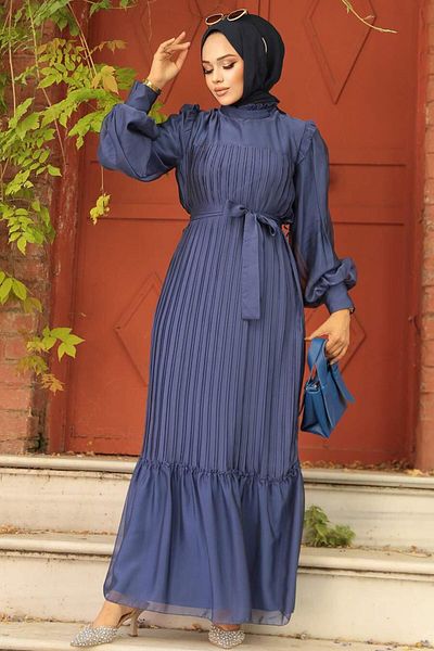 Neva Style Πλισέ Indigo Blue Φόρεμα Hijab 39651ım