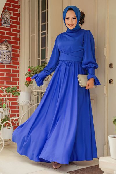 Neva Style Sax Blue Hijab Satin Evening Dress 5983Sx