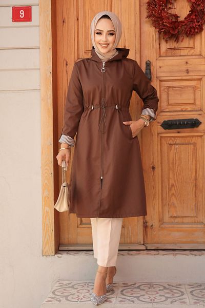 Neva Style Καφέ Hijab Trench με φερμουάρ - 69721KH