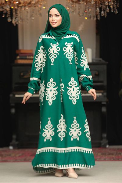 Neva Style Φόρεμα Hijab με λουλουδάτο σχέδιο σμαραγδένιο πράσινο 23172ZY