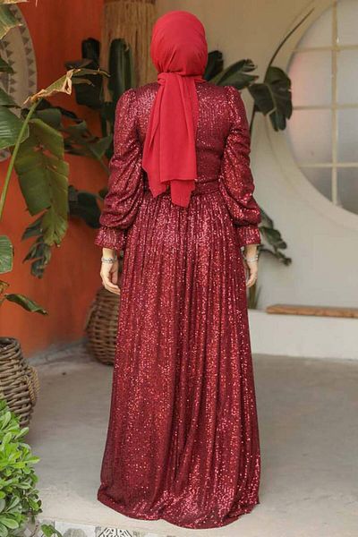 Neva Style Sequined Burgundy Hijab Evening Dress 44961Br