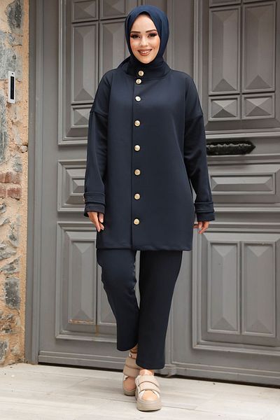 Neva Style طقم حجاب مزدوج باللون الأزرق الداكن - زر، 12391L