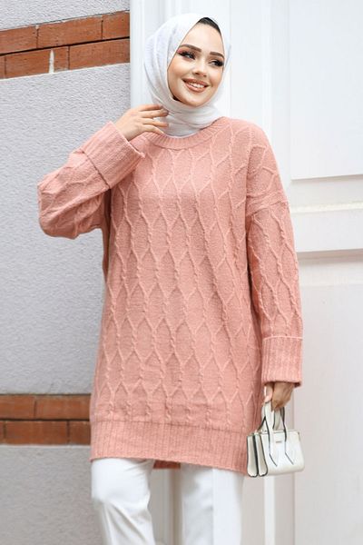 Neva Style Tricotaj Hijab Somon cu model diamantat Pulover tunică 10241SMN