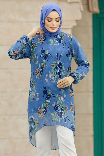 Neva Style تونيك حجاب باللون الأزرق النيلي منقوش بالزهور 91236ım