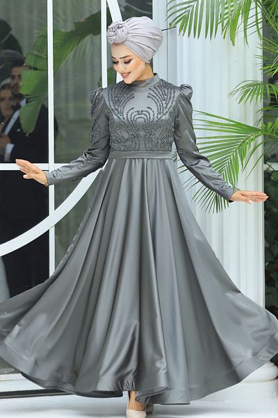 Neva Style Beaded Khaki Satin Hijab Evening Dress 23191Hk