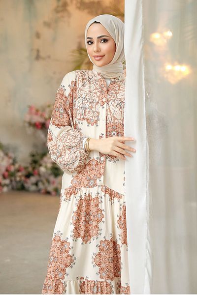 Neva Style فستان حجاب بني - نمط الأزهار، رقم الموديل: 18234KH