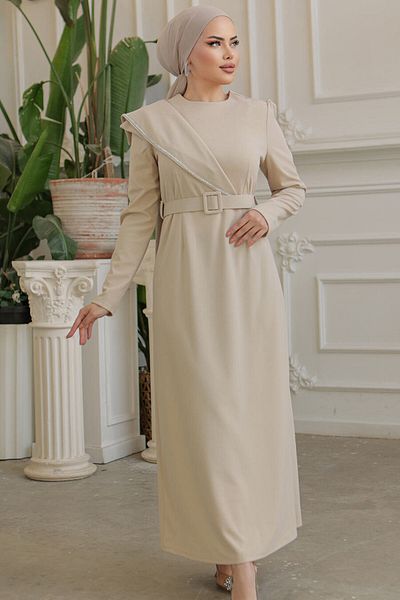 Neva Style Rochie de seară hijab bej cu centură cu cataramă 664bej