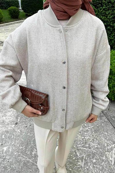 Neva Style - Jachetă Bomber Hijab Bej cu nasturi 9263bej