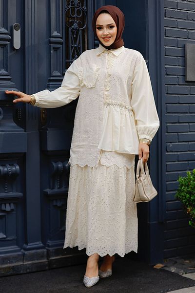 Neva Style Tunica Hijab cu dantela bej - 14261BEJ