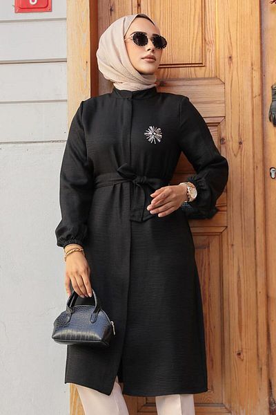 Neva Style تونيك حجاب أسود بحزام 646s