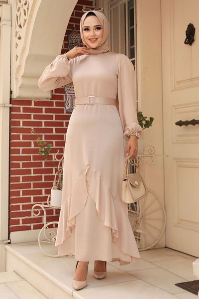 Neva Style Βολάν Μπεζ Φόρεμα Φόρεμα Μουσουλμάνων 4566μπεζ