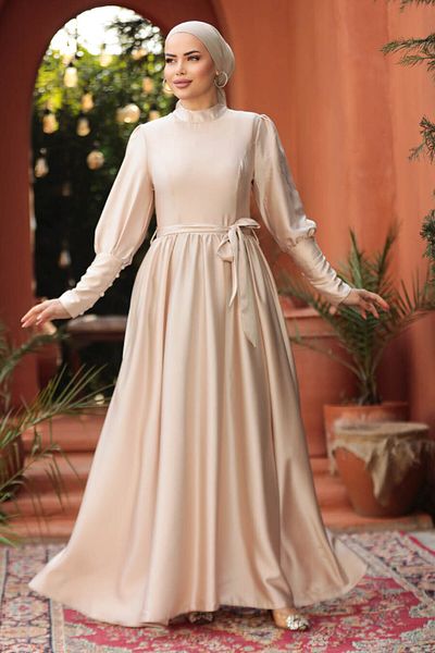Neva Style Rochie de seara cu hijab - Rochie de seara hijab aurie 60801aur