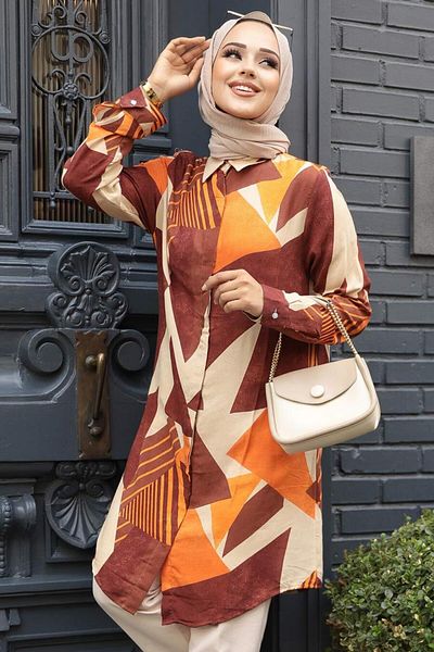 Neva Style تونيك حجاب فيسكوز - منقوش وبني، موديل 11682KH