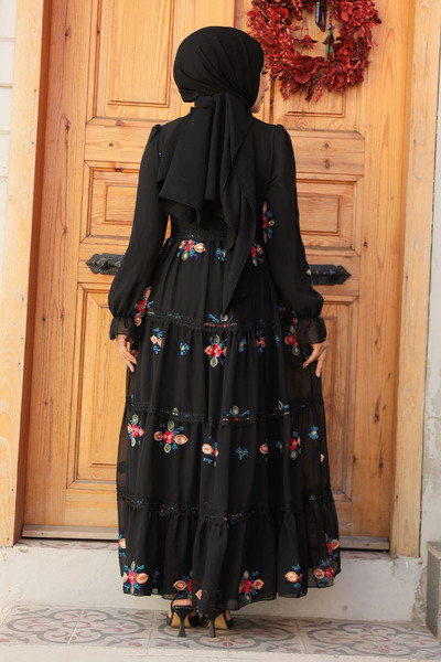 Neva Style Nakış Desenli Siyah Tesettür Elbise 45541S