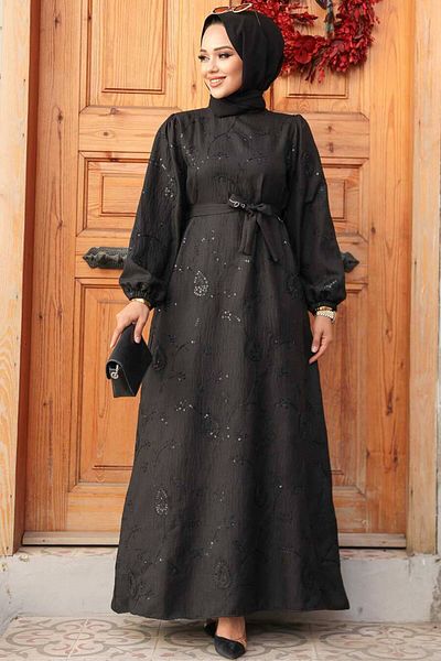 Neva Style فستان حجاب أسود منقوش بالزهور 30441S