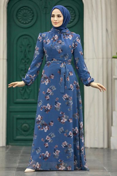 Neva Style Φόρεμα Hijab με λουλουδάτο σχέδιο Indigo Blue 279317 είμαι