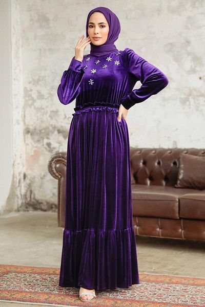 Neva Style - Rochie mov din catifea hijab cu detaliu flori 3713violet