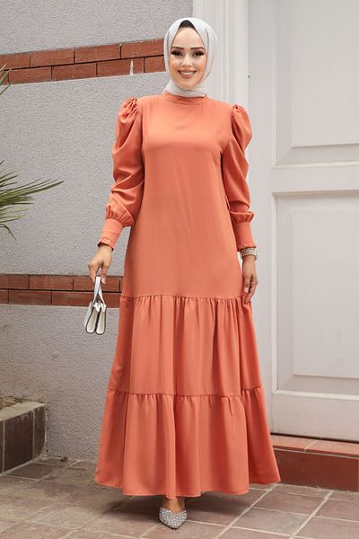 Neva Style Folded Pleated Salmon Hijab Dress 5883Smn