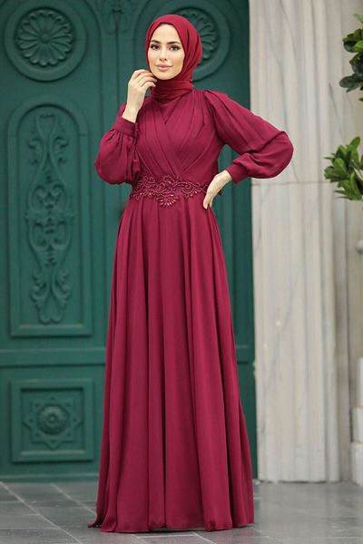 Neva Style Rochie de seara musulmana burgundy cu detaliu din dantela 3435br