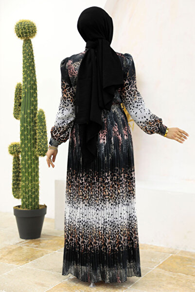 Neva Style Leopard Patterned Black Hijab Dress 3878S