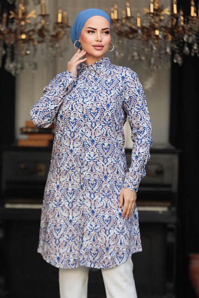 Neva Style Μοτίβο Indigo Blue Hijab Viscose Tunic 11607ım