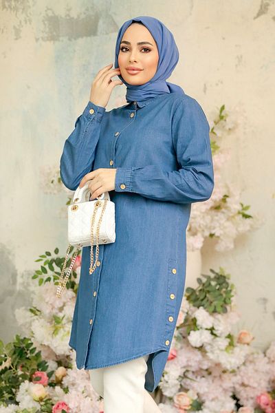 Neva Style تونيك جينز حجاب أزرق داكن بأزرار 10504L