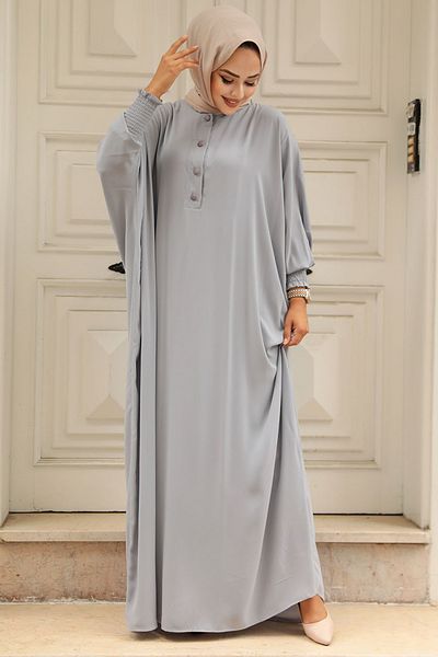 Neva Style Rochie Hijab Gri Deschis - Maneca Liliac, Model 330010 AGR