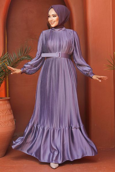Neva Style Rochie Hijab din Satin Liliac - Plis, Model 43532LILA