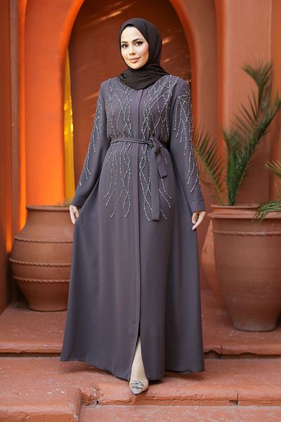 Neva Style Brown Hijab Ferace - Bead Embroidered, Model 29102KH