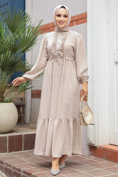 Neva Style Rochie Hijab Bej - Detaliu Volane, Model 6731BEJ