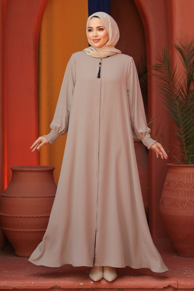 Neva Style Beige Hijab Abaya - Zippered, Model 26302BEIGE