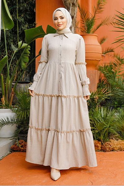 Neva Style Rochie Hijab Bej Pliată 4421BEIG