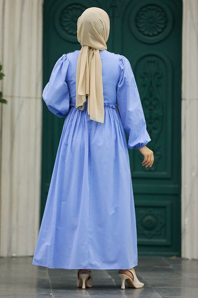 Neva Style Μπλε Φόρεμα Hijab με Δαντέλα 5857μ