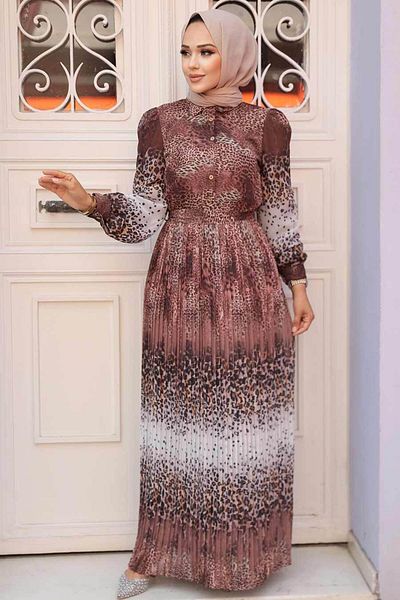 Neva Style Φόρεμα Hijab με σχέδιο Leopard Brown 3878kh