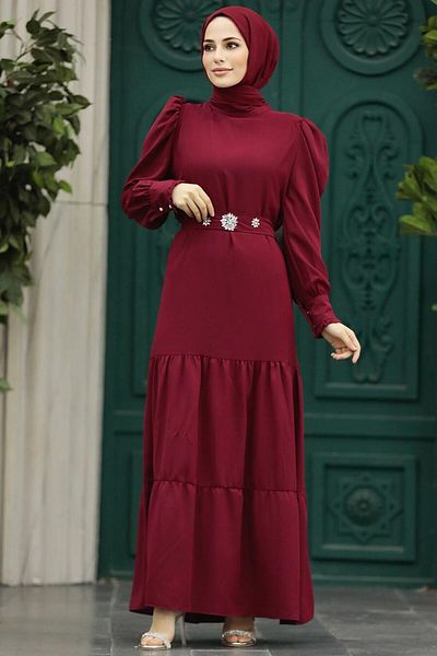 Neva Style Rochie Hijab Roșu Claret Pliat 5883br
