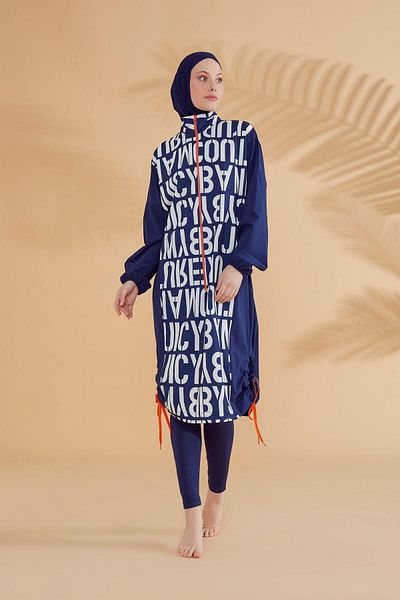 Neva Style Dark Blue Full Covered Hijab Swimsuit with Parachute Letter M2301-1L
