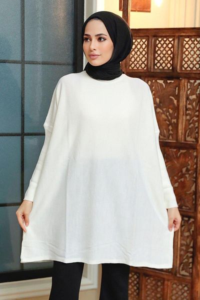 Neva Style Ecru Hijab Knitwear Poncho 3399E
