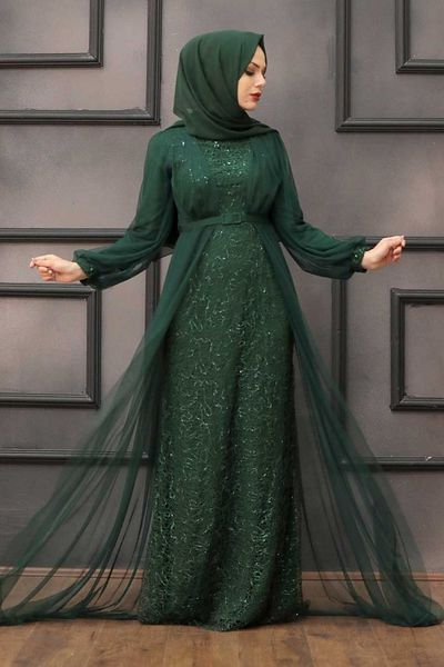 Neva Style Sequin Sequined Dark Green Hijab Evening Dress 5383Ky