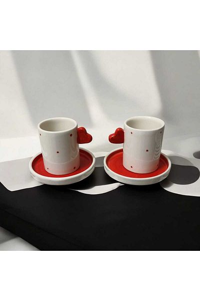 seda seramik Handmade Design Heart Handled 2-Person 4-Piece Coffee Cup Set 110 ml