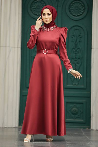 Neva Style - Rochie Hijab Neagră Burgundy cu Curea 7725br
