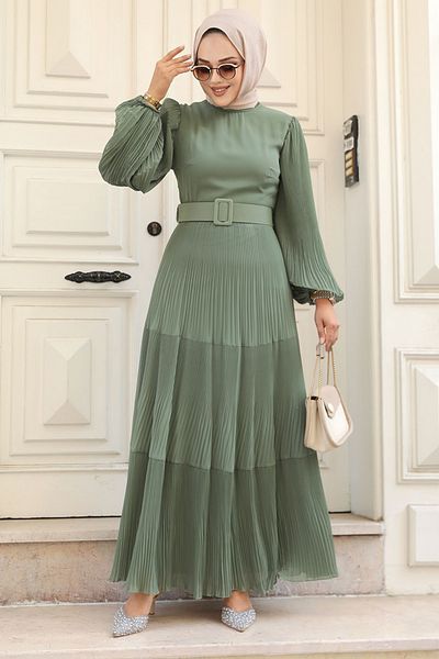 Neva Style فستان حجاب كاكي بحزام 3590 هونج كونج