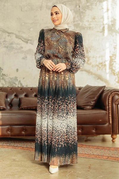 Neva Style - Leopard Print Mustard Hijab Dress 3878hr